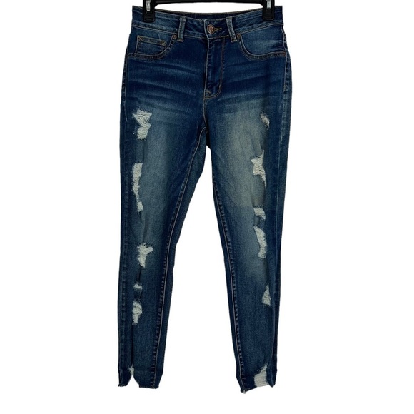 MAURICES Women’s High-Rise Blue Jeans Sz Small Short Distressed Ripped Stretch - Picture 1 of 13